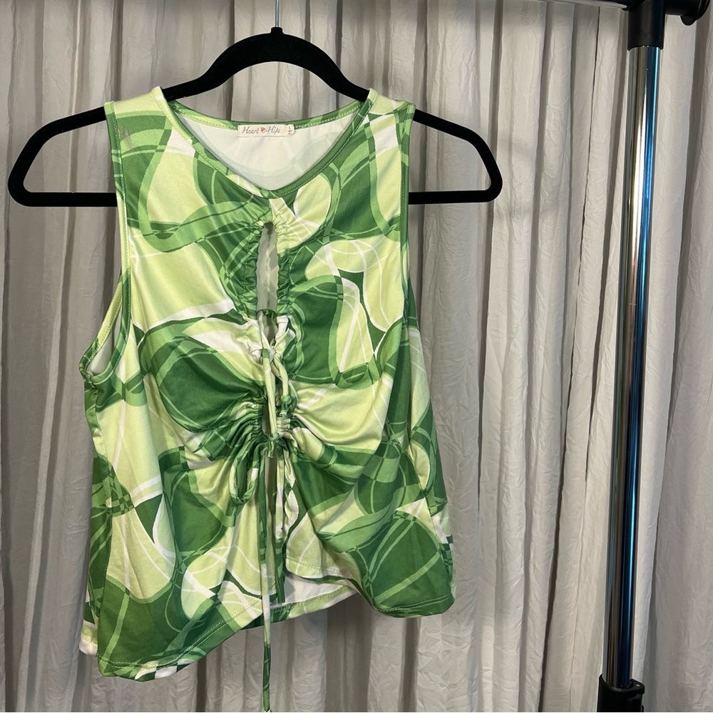 Abstract Green Tank Top - tie front